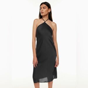 Wilfred- nightwood satin midi slip dress in black, size 2xs